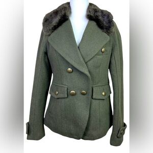 American Eagle Outfitters Olive Green Wool Blend Military Jacket W/ Faux Fur S